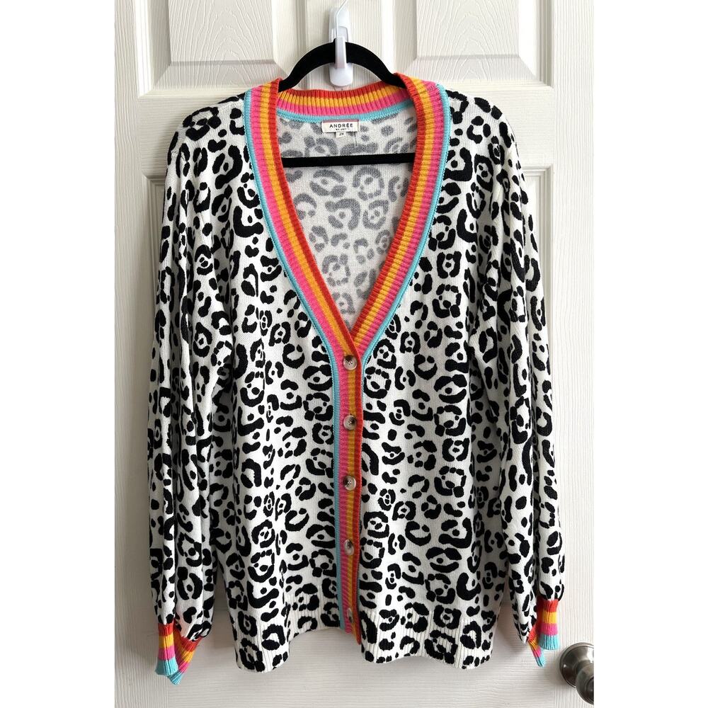 ANDREE BY UNIT Rainbow Striped Trim Leopard Print Soft Knit Sweater Cardigan 2X